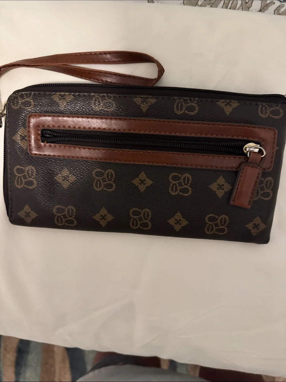 Brown Monogram Zip Wristlet Clutch with Removable Strap
